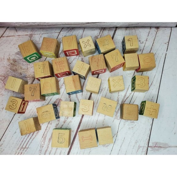 31 Vintage Math And Letter Wooden Painted Blocks Addition Subtraction Blocks - Picture 7 of 11